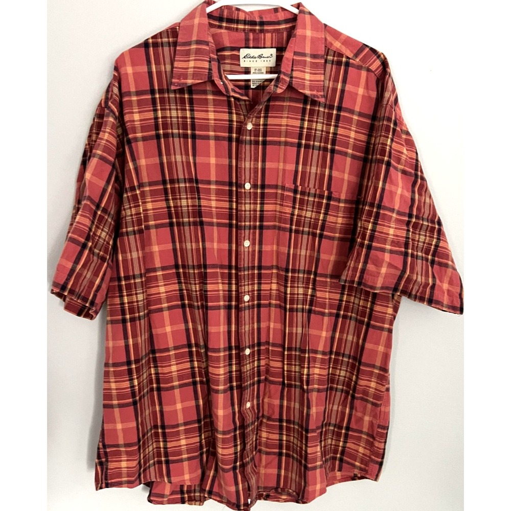 Eddie Bauer Shirt Mens XL Red Plaid Short Sleeve Button Front Cotton Pocket EUC